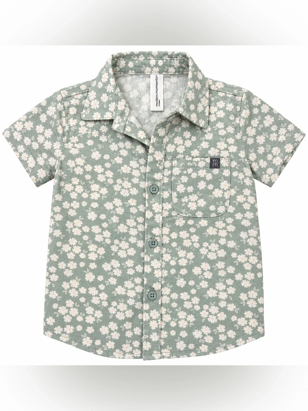 Mini Boden Green Floral Short-Sleeve Button-Down Shirt for Kids